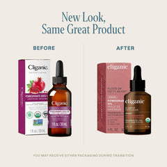 Cliganic Pomegranate Oil ingredients label highlighting organic, vegan, cruelty-free qualities for body use