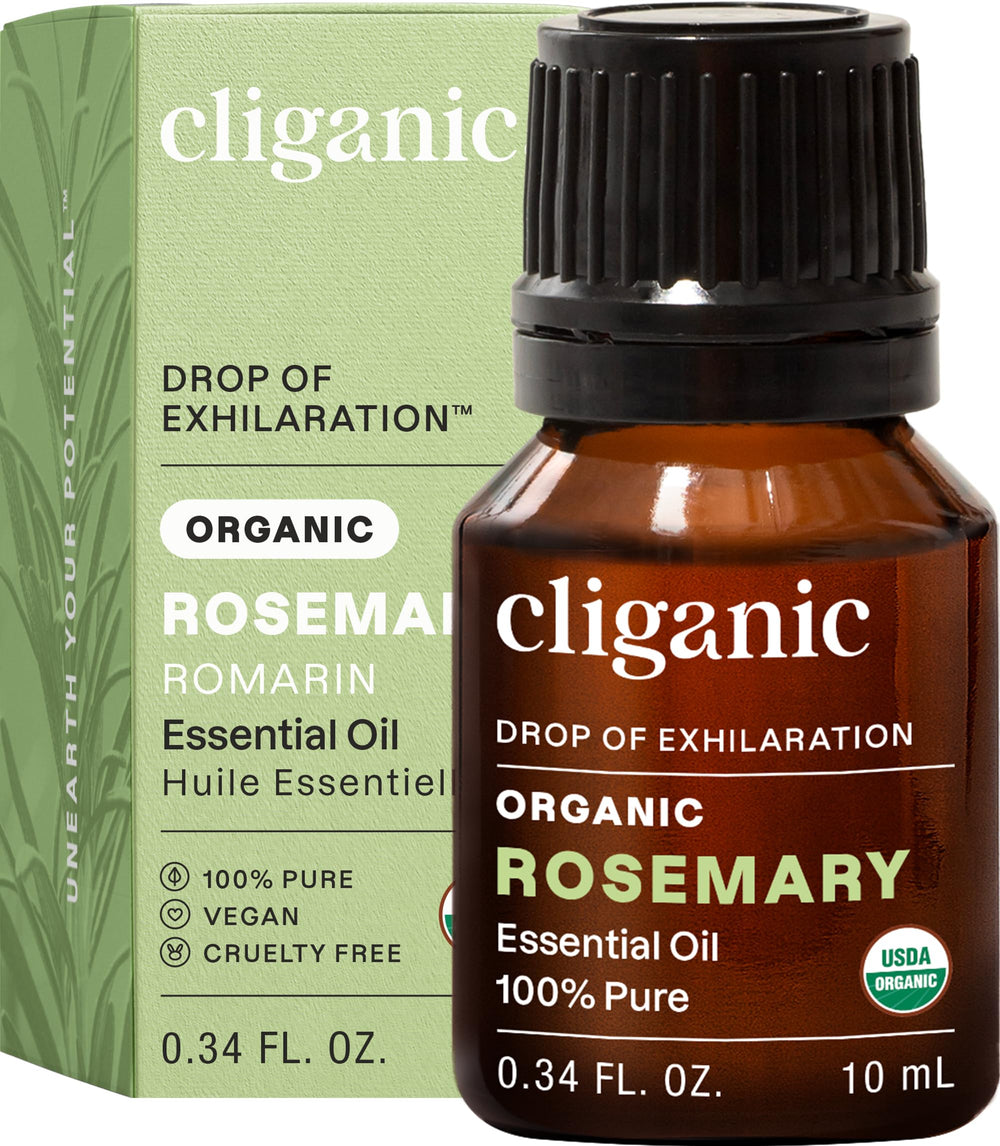 Cliganic rosemary essential oil bottle in amber glass highlighting premium storage and purity