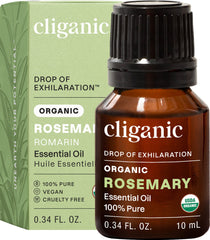 Cliganic rosemary essential oil bottle in amber glass highlighting premium storage and purity