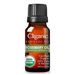 Cliganic rosemary essential oil label confirms organic certification and pure ingredients