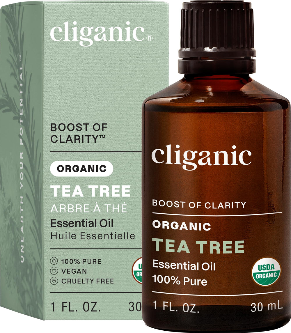 Cliganic Tea Tree Oil bottle close-up, single-ingredient purity for diffusers.