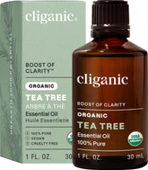 Cliganic Tea Tree Oil bottle close-up, single-ingredient purity for diffusers.