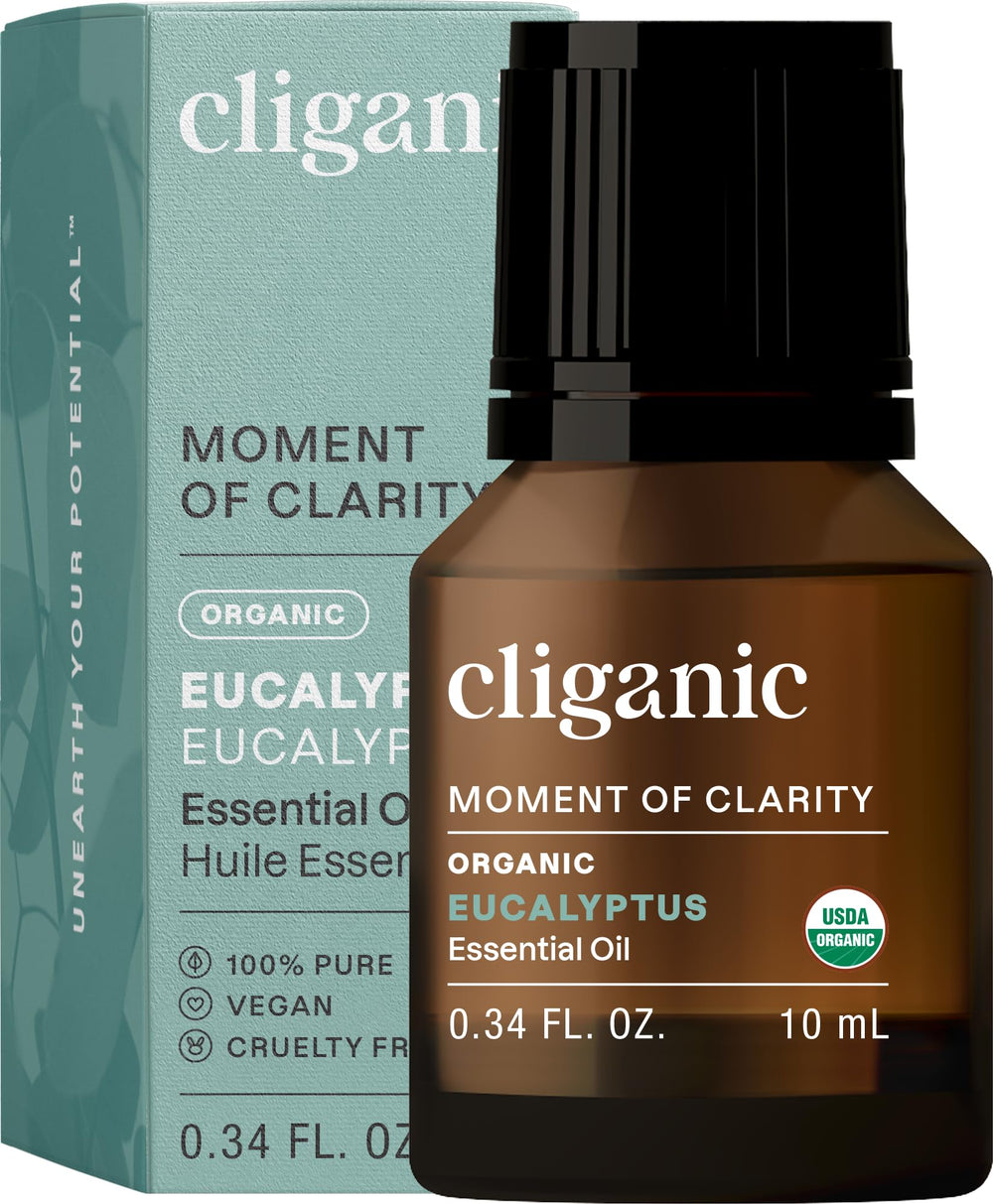 Cliganic USDA Organic Eucalyptus Oil bottle highlighting purity for diffuser use.
