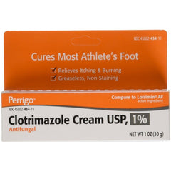 Clotrimazole cream 1oz tube for athlete's foot relief and antifungal protection.
