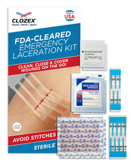 Clozex Complete Emergency Laceration Kit closures ready for quick non-invasive wound closure