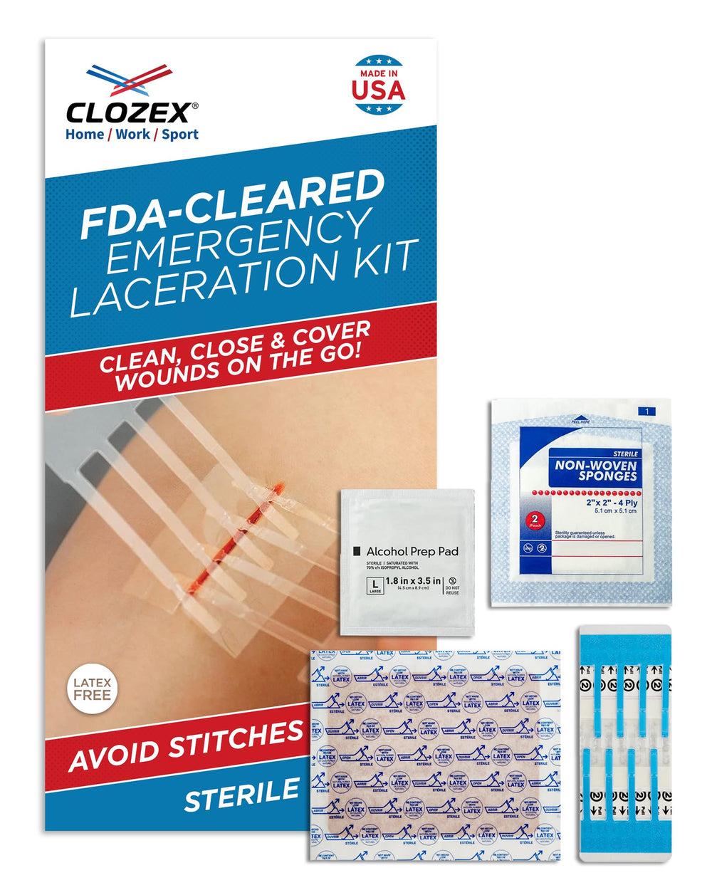 Clozex Emergency Laceration Kit demonstrates closure application for quick wound alignment.