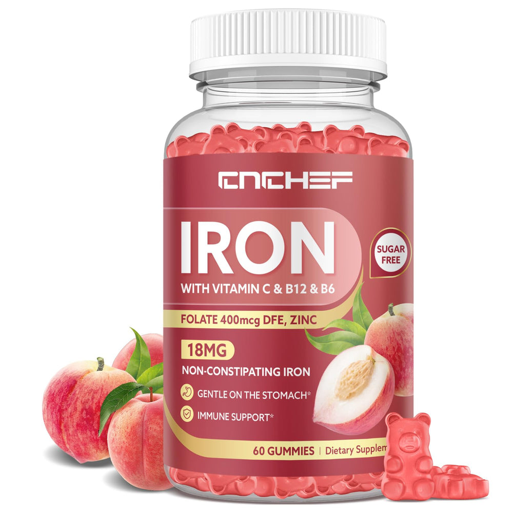 CNCHEF Iron Gummies bottle showing peach flavor for daily energy support.