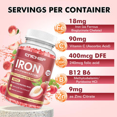 CNCHEF Iron Gummies ingredients panel highlighting Ferrous Bisglycinate and vitamin C.