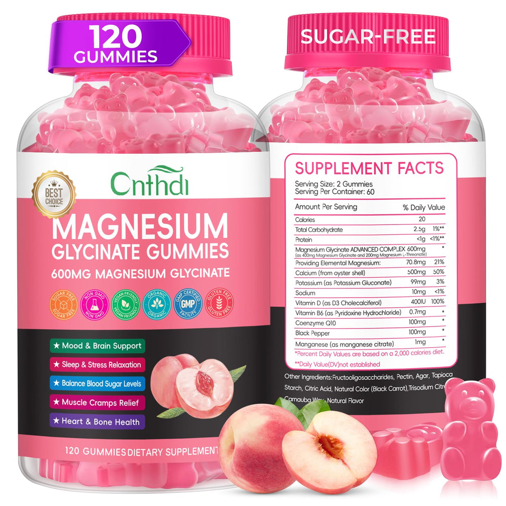 CNFHDI Magnesium Glycinate Gummies bottle with peach flavor and sugar-free formulation.