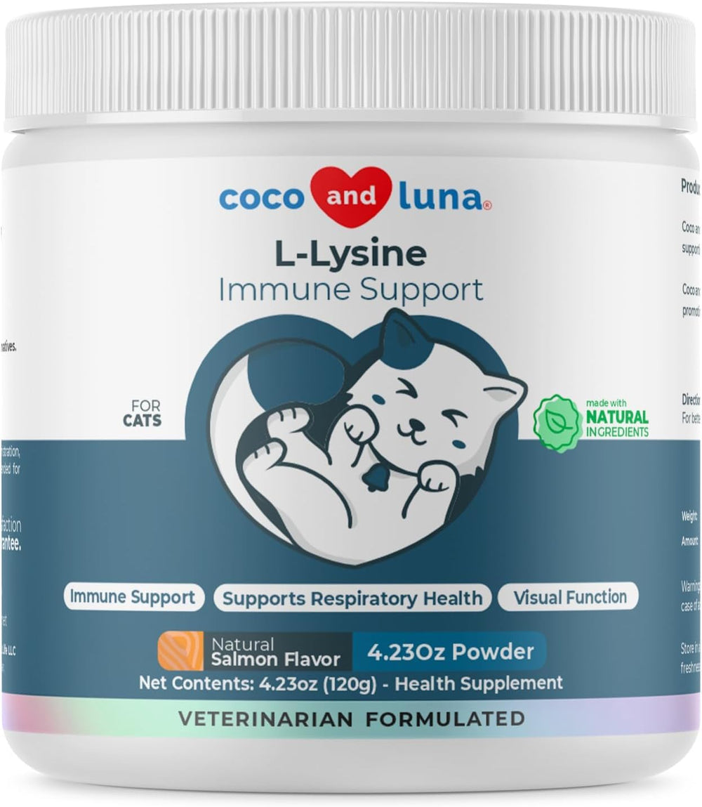 Coco and Luna L-Lysine bottle pour shows easy daily serving for cats.