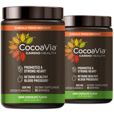 CocoaVia Cardio Health Cocoa Powder tub on kitchen counter suggesting daily cardiovascular support.