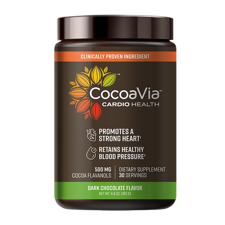 CocoaVia Cardio Health powder canister closeup shows premium flavanol extract for daily heart support.