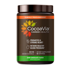 CocoaVia Cardio Health powder canister closeup shows premium flavanol extract for daily heart support.