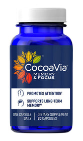 CocoaVia Memory & Focus bottle front highlighting a brain-boosting formula for daily use.