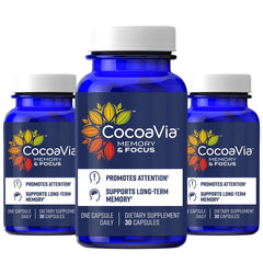 CocoaVia memory & focus bottle showing the brain-boost formula for daily use.