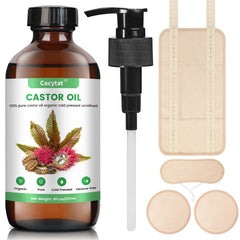 Cocytat Castor Oil Pack Wrap bottle shows pure 8oz oil for skin hydration.