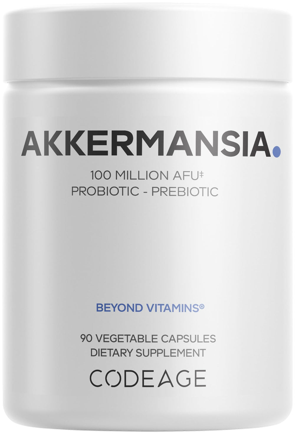 Codeage Akkermansia probiotic bottle front view for daily synbiotic use