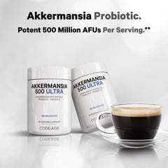 Stacked Codeage Akkermansia Ultra packaging on a clean surface