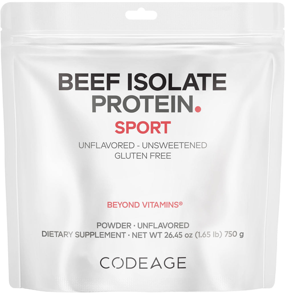 Codeage Beef Isolate bottle highlights grass-fed protein for athletes.