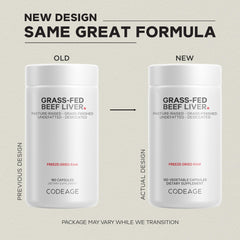 Codeage beef liver capsules emphasize non-GMO, hormone-free formulation for peace of mind.