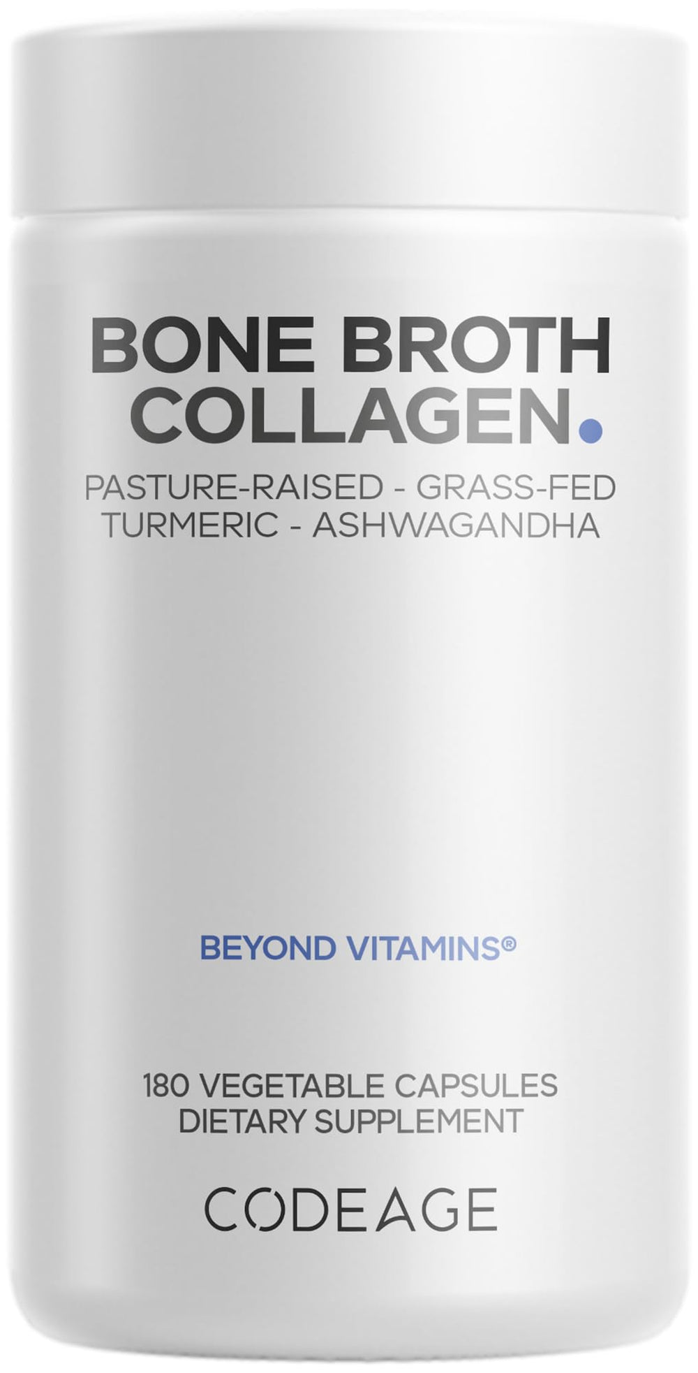Codeage Bone Broth Collagen Capsules bottle with label, convenient daily supplement.