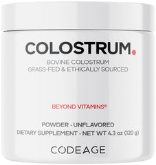 Codeage Bovine Colostrum bottle; unflavored powder easy to mix into beverages.