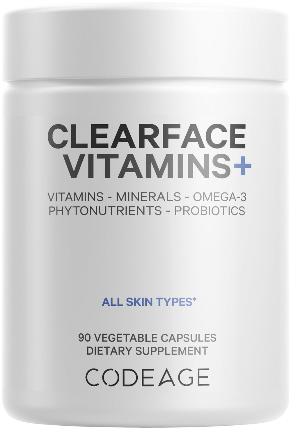 Codeage Clearface bottle front for comprehensive daily skin support.