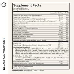 Codeage Clearface bottle label highlights vitamins A, C, D3 for skin vitality.