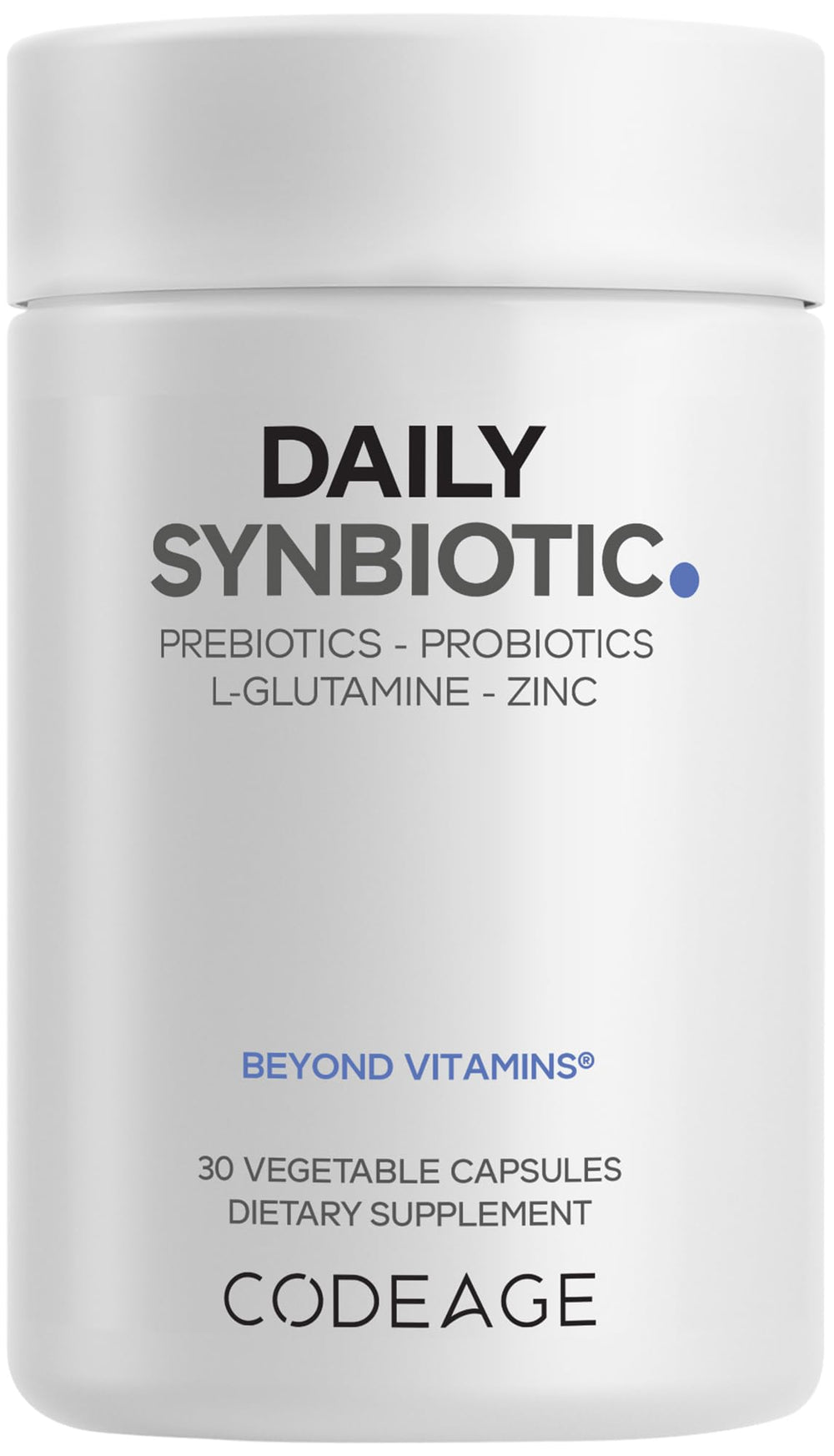Codeage Daily Synbiotic bottle and capsules on kitchen counter promote gut-friendly daily routine.