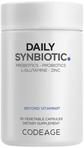 Codeage Daily Synbiotic bottle and capsules on kitchen counter promote gut-friendly daily routine.
