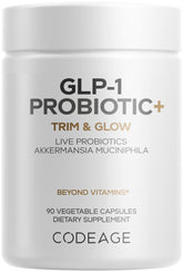 Codeage GLP-1 Probiotic+ bottle front promoting daily gut balance and convenient daily use