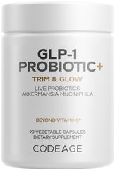 Codeage GLP-1 Probiotic+ bottle front promoting daily gut balance and convenient daily use