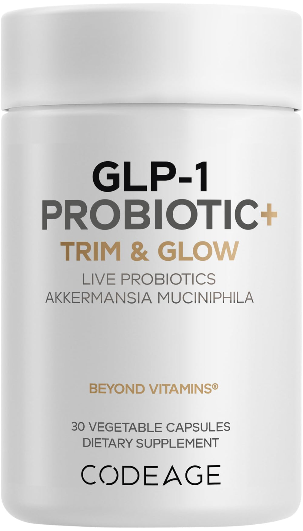 Codeage GLP-1 Probiotic+ bottle closeup promotes daily gut balance.