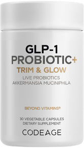 Codeage GLP-1 Probiotic+ bottle closeup promotes daily gut balance.