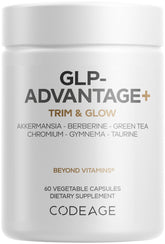 Codeage GLP-Advantage+ bottle front highlighting vegan, non-GMO formula for metabolic support.