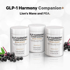 Codeage GLP-Harmony Companion+ ingredient scene showcases a broad botanical blend for wellness.