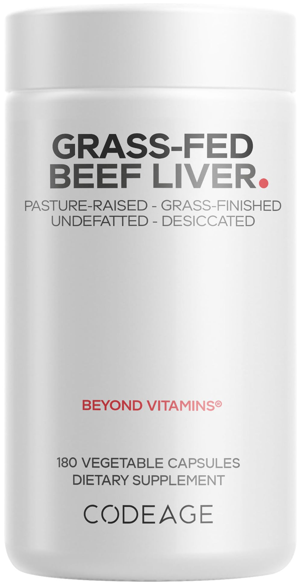 Codeage Grass-Fed Beef Liver bottle shows premium capsules for daily nutrition support.