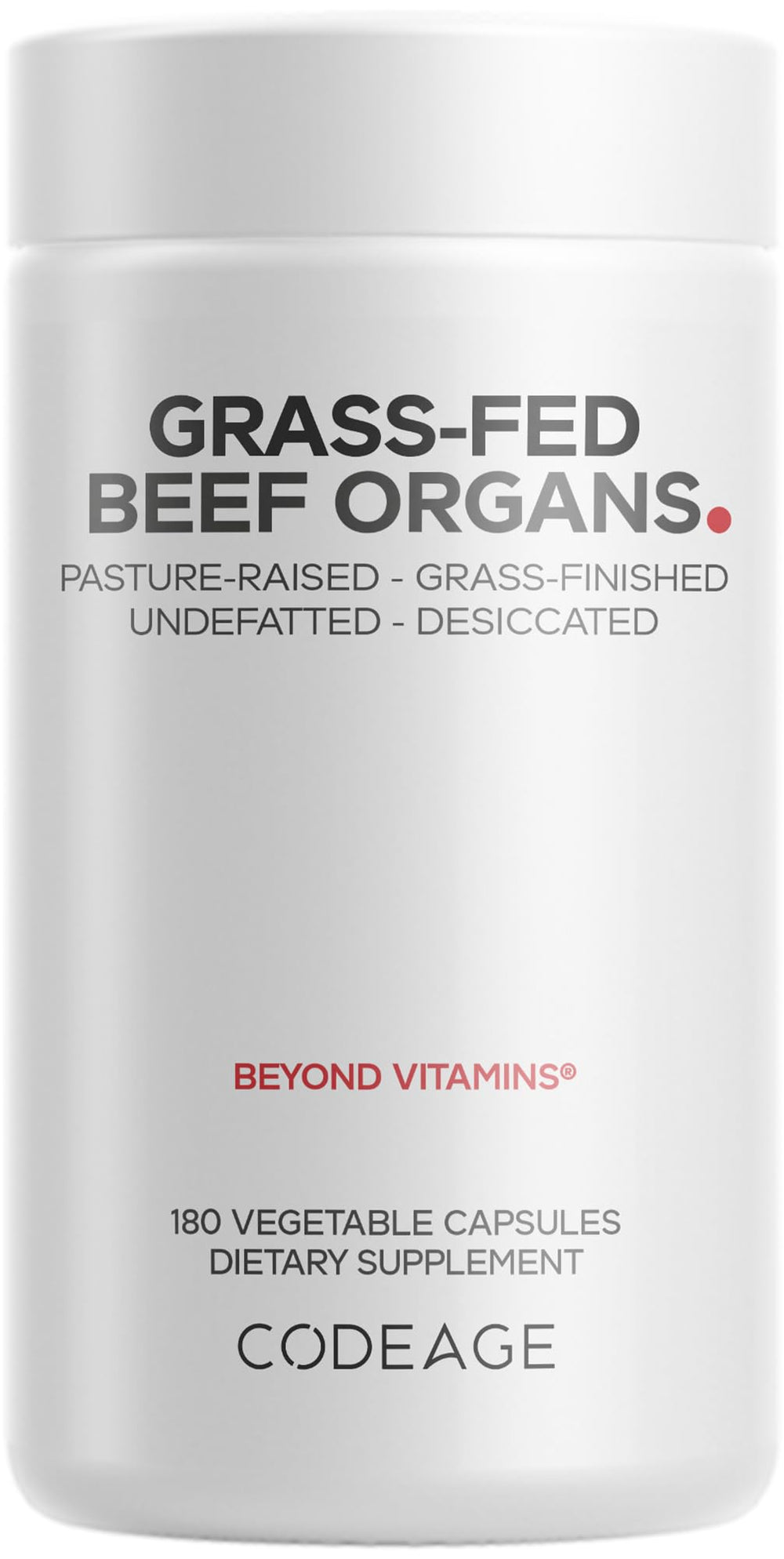 Codeage Grass-Fed Beef Organs liver capsule bottle, nutrient-rich and pure.