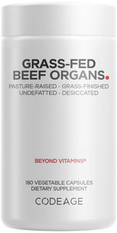 Codeage Grass-Fed Beef Organs liver capsule bottle, nutrient-rich and pure.