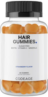 Codeage Hair Gummies bottle showing a sugar-free daily supplement for hair and nails.