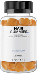 Codeage Hair Gummies bottle showing a sugar-free daily supplement for hair and nails.