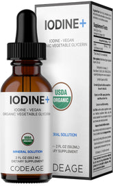 Codeage Iodine Drops bottle shows vegan organic formula for daily use