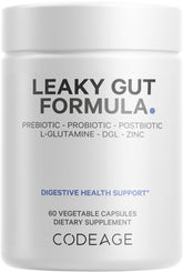 Codeage Leaky Gut bottle label displays the comprehensive ingredient list for digestive support.