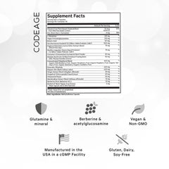 Codeage Leaky Gut capsules closeup showing vegan capsules for daily use.