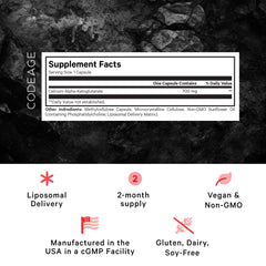 Codeage Liposomal Calcium AKG capsules closeup highlights capsule texture and convenient one-capsule-per-serving.
