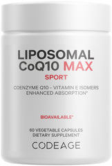 Codeage Liposomal CoQ10 Max bottle front with 60 capsules, supports daily vitality.