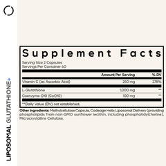 Capsules close-up showing 1000 mg reduced L-glutathione per serving.