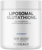 Codeage Liposomal Glutathione powder bottle on a clean kitchen counter, premium daily wellness.