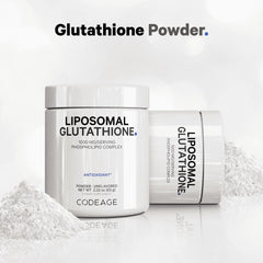 Codeage Liposomal Glutathione measuring scoop with powder, convenient two-month supply.