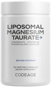 Codeage Liposomal Magnesium Taurate+ bottle front, vegan and non-GMO daily wellness image